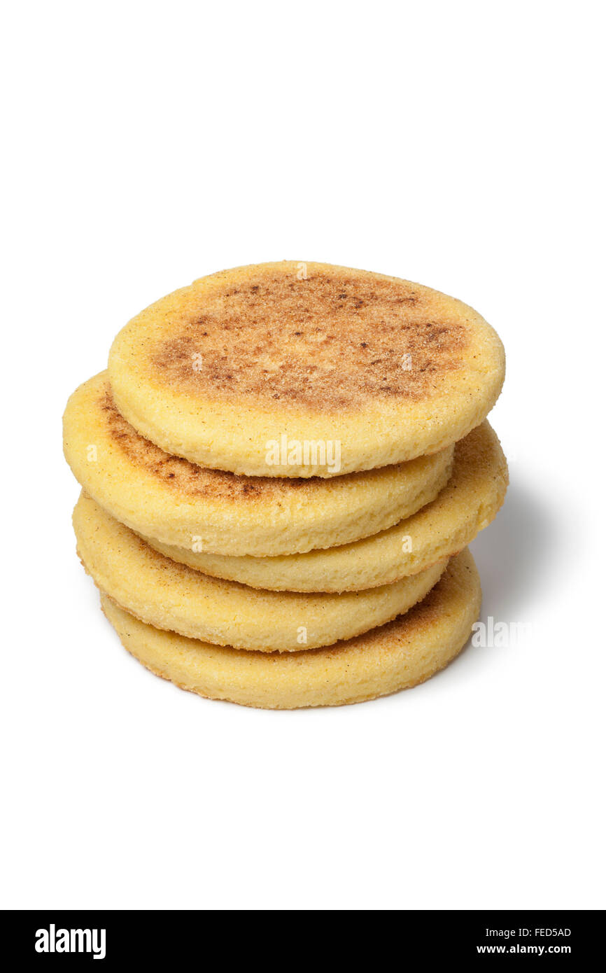 Pile of Moroccan Harcha, Semolina Pan-Fried Flatbread on white background Stock Photo