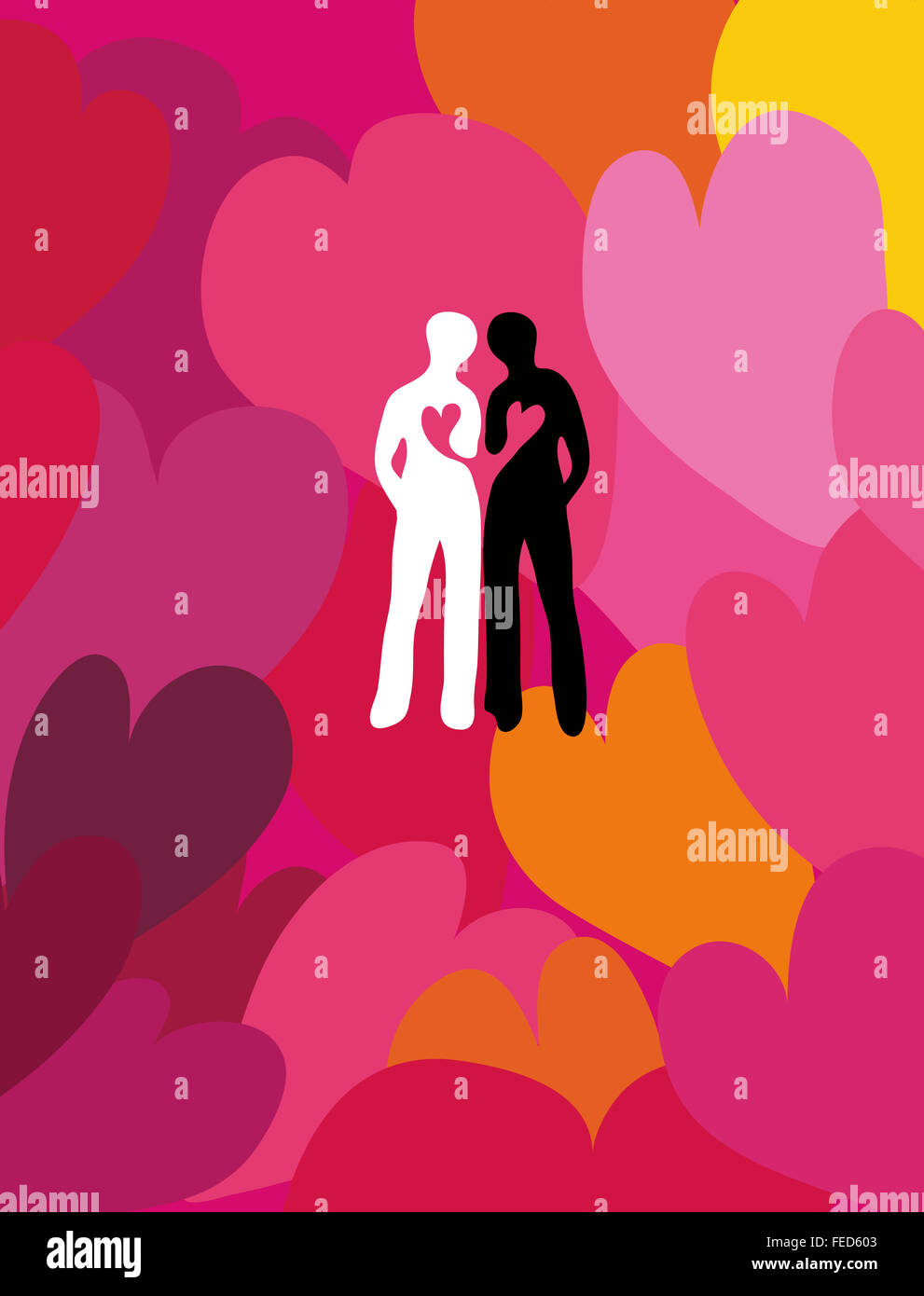Loving friendship. Connected silhouettes of two people surrounded by hearts. Stock Photo
