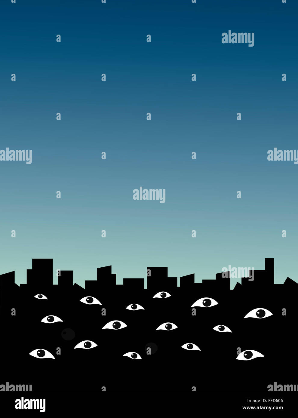 Silhouette of a city where eyes monitoring the viewer. Cityscape of surveillance. Stock Photo