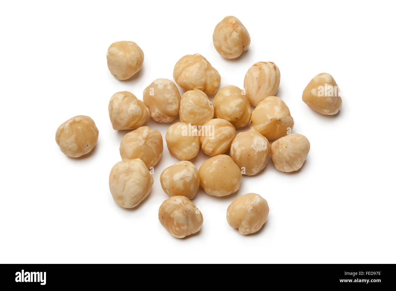 Fresh peeled Macadamia nuts on white background Stock Photo