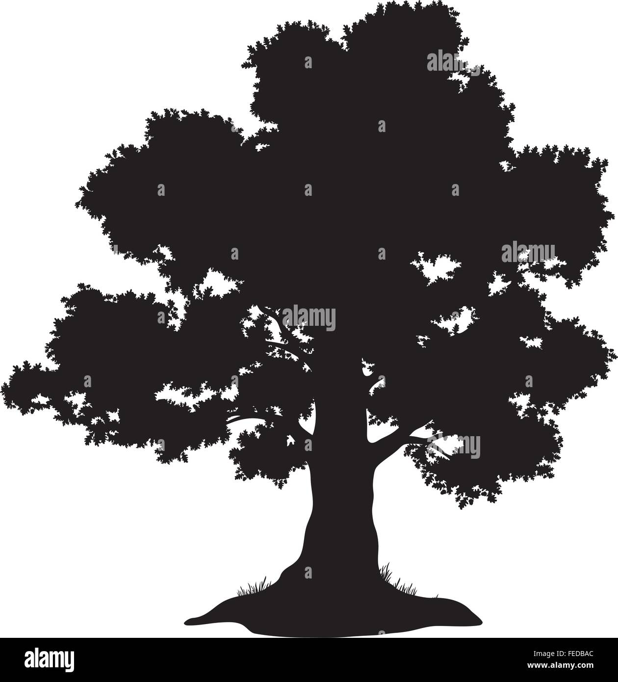Oak tree and grass, silhouette Stock Vector