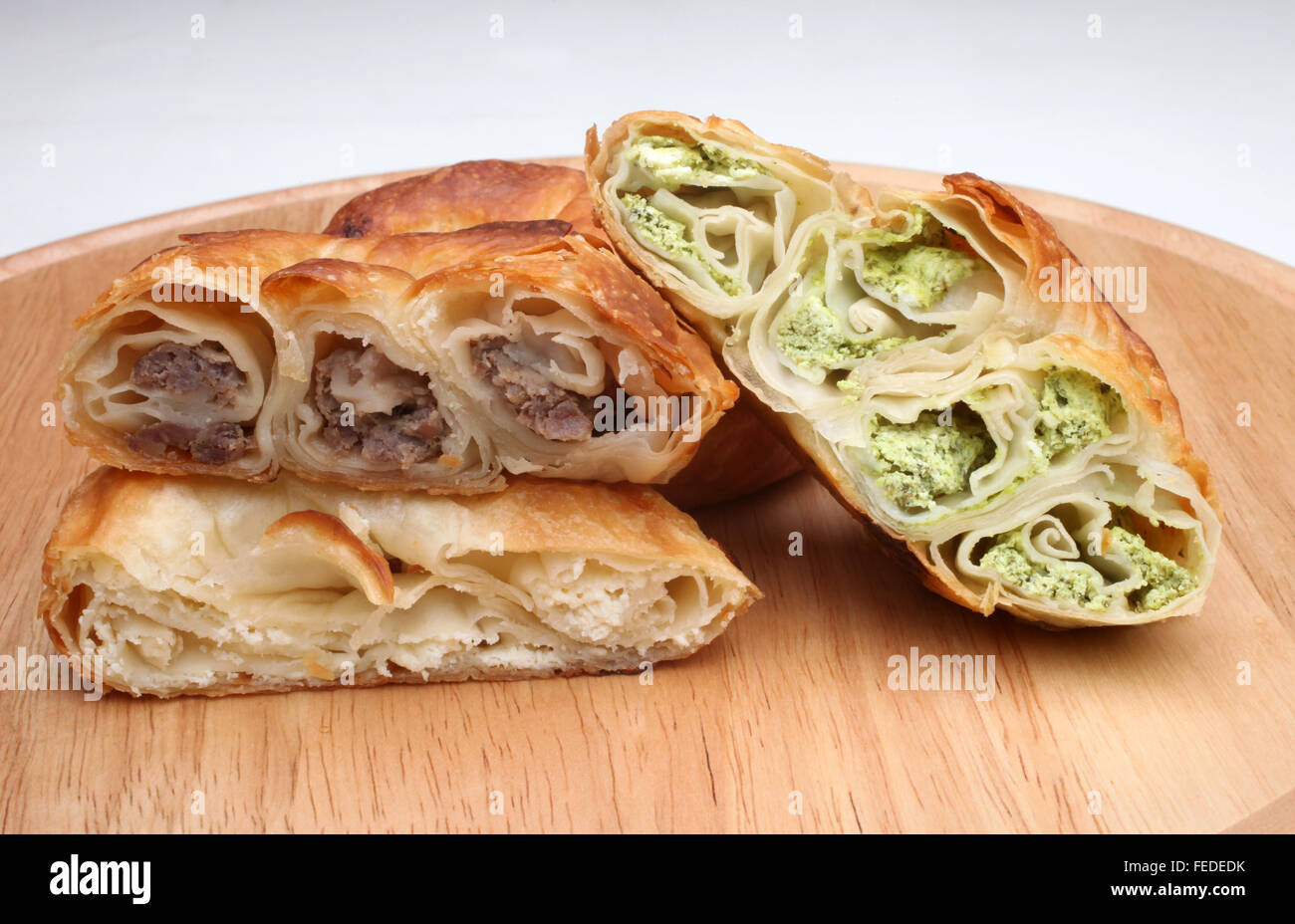 Burek (pie with meat, cheese or spinach) is traditional Balkan meal Stock Photo