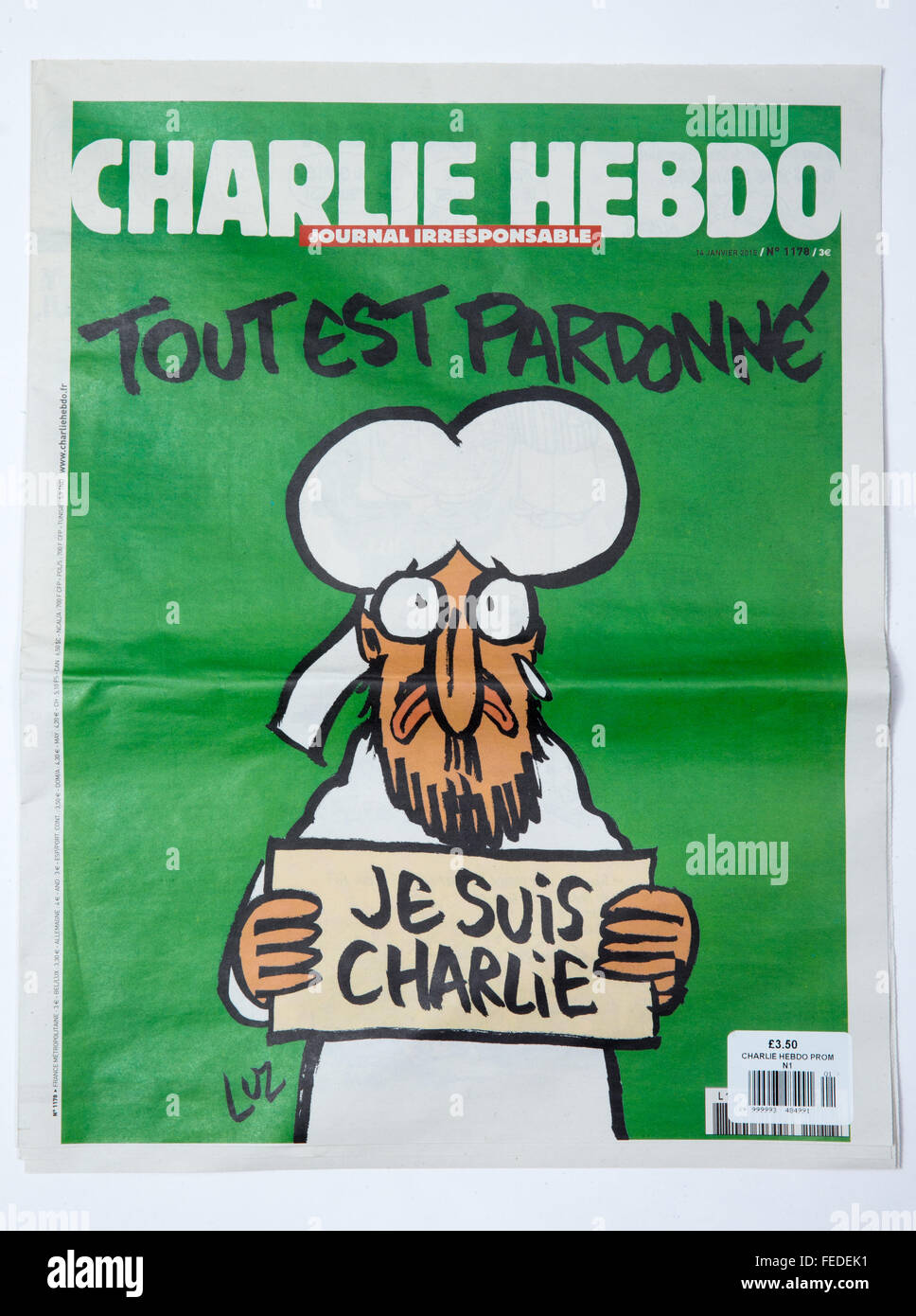 'Je Suis Charlie' issue of Charlie Hebdo (first edition after terrorist murders in 2015) Stock Photo
