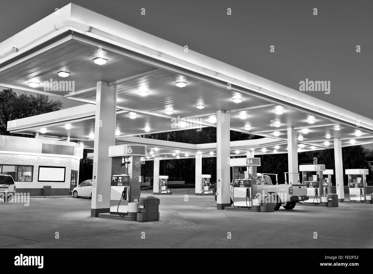 Black and White Retail Gasoline Station and Convenience Store Stock Photo