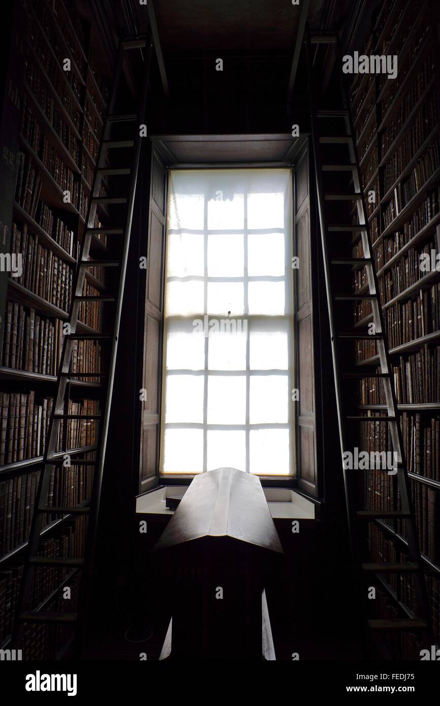 Library shelves lit by light from a window. Stock Photo