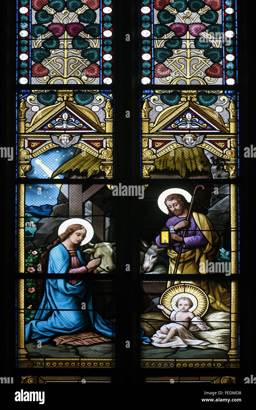 Nativity scene, stained glass Stock Photo Alamy