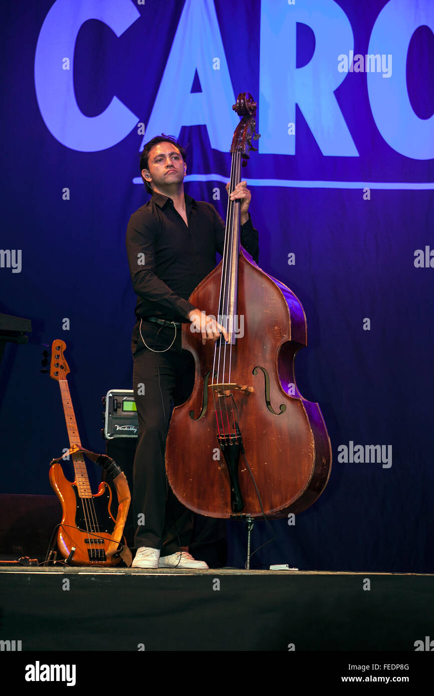 Man playing a Bass instrument on Stage Stock Photo