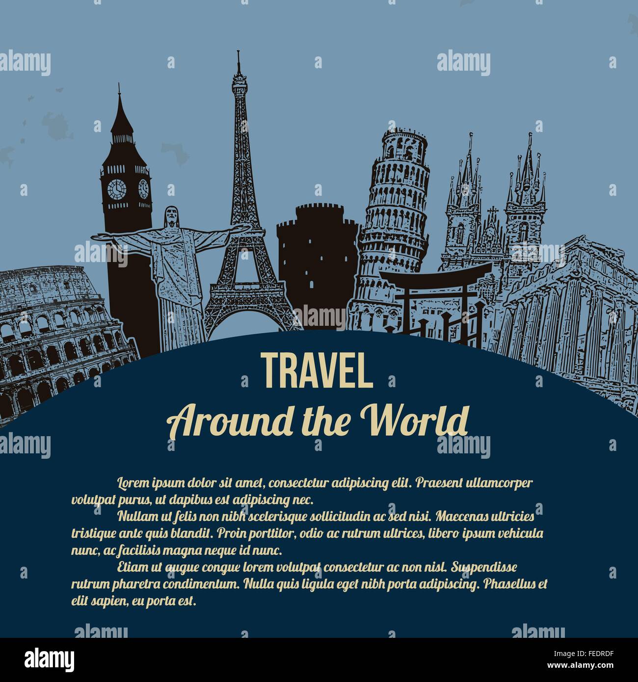 Travel around the World, vintage touristic poster on blue background with space for your text, vector illustration Stock Vector