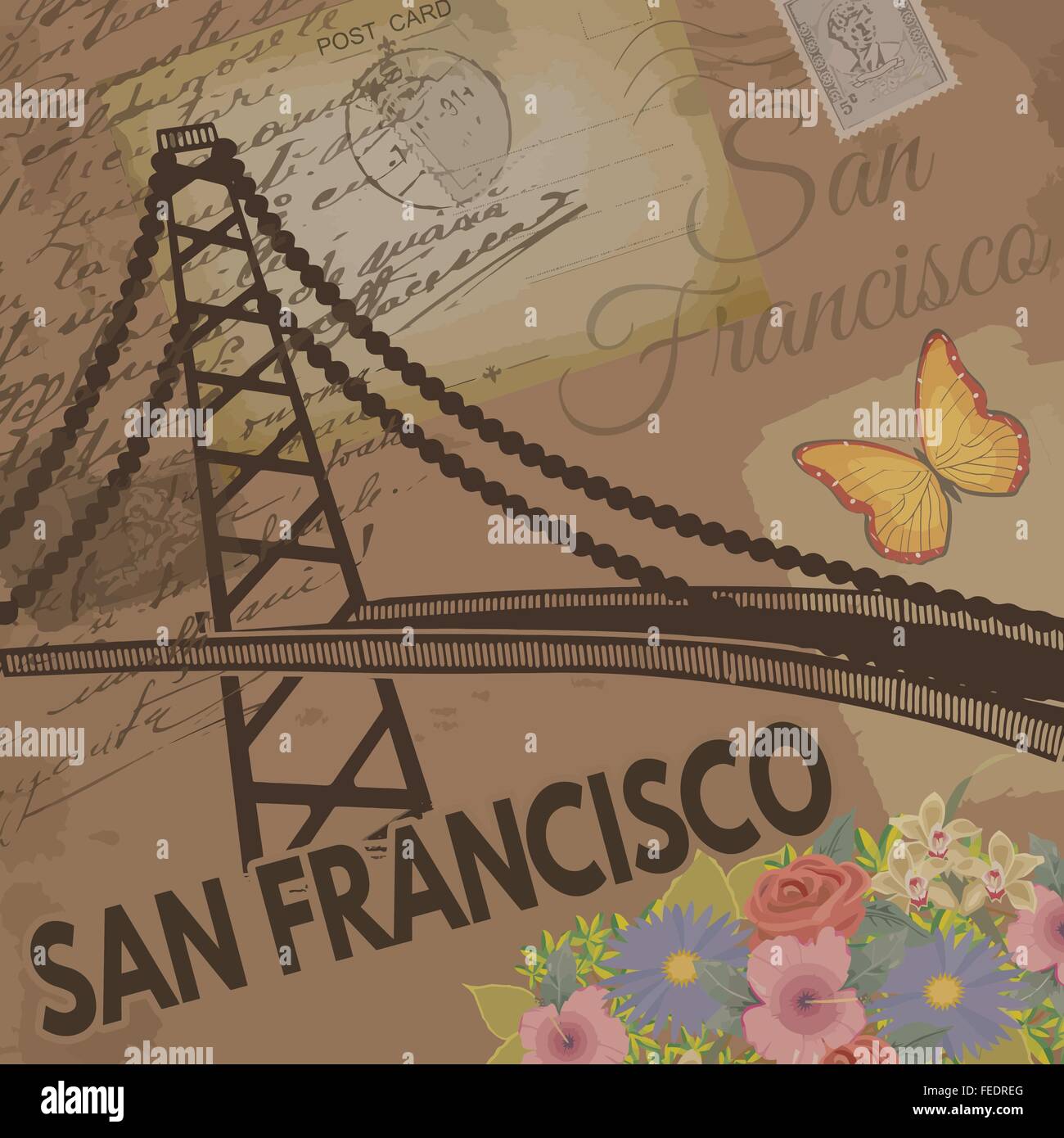 San Francisco vintage poster on nostalgic retro background with old post cards, letters and Golden gate bridge, vector illustrat Stock Vector