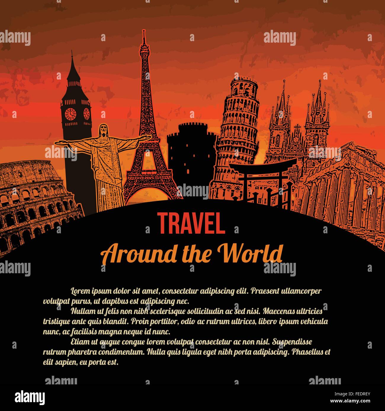 Travel around the World, vintage touristic poster on orange background with space for your text, vector illustration Stock Vector