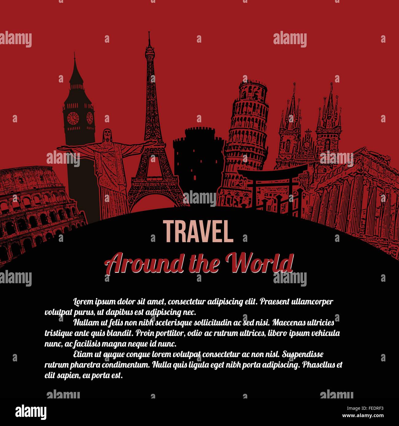 Travel around the World, vintage touristic poster on red background with space for your text, vector illustration Stock Vector
