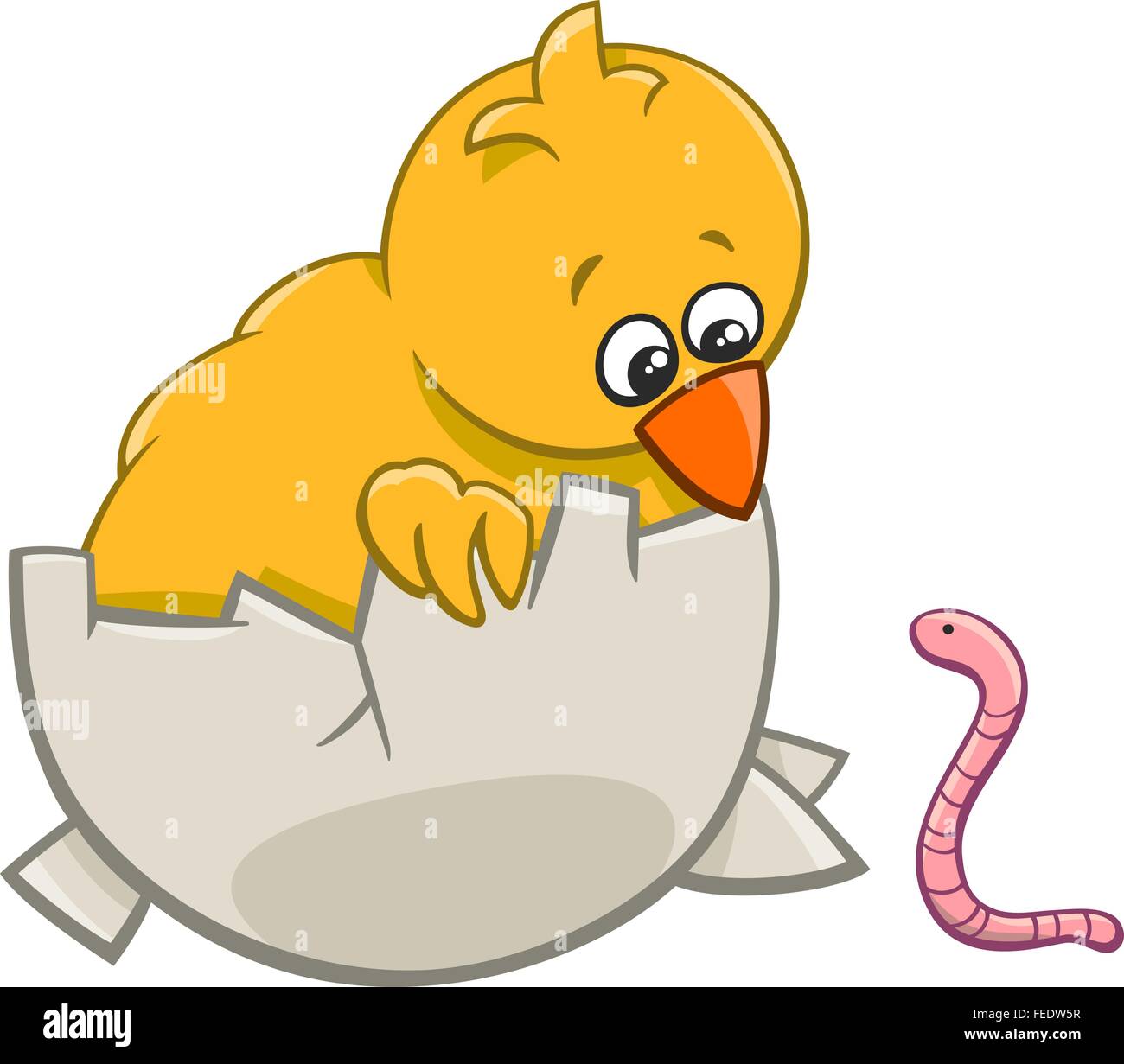Cartoon Illustration of Little Chick in Egg and Earthworm Stock Vector