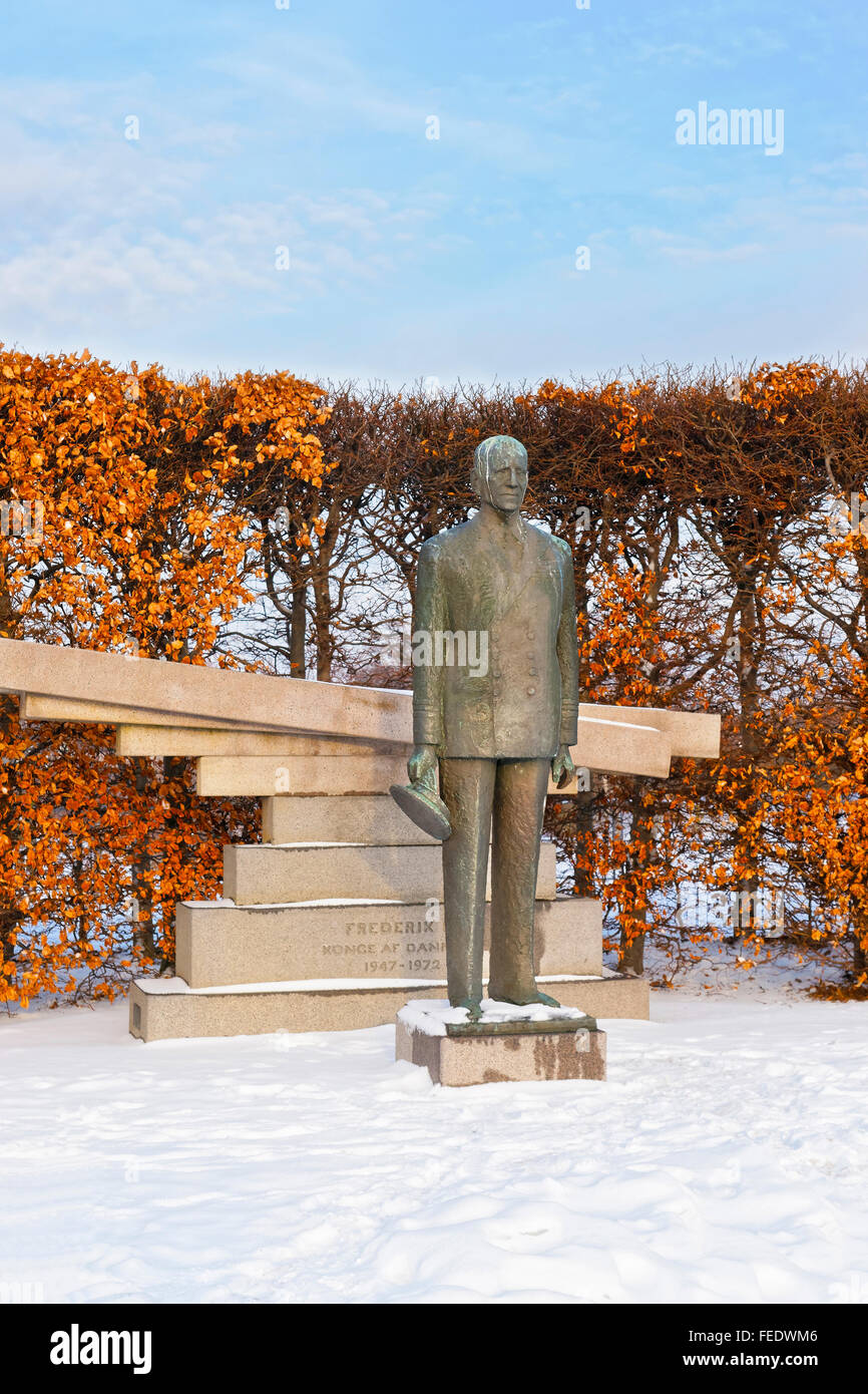 COPENHAGEN, DENMARK - JANUARY 5, 2011: Statue of King Frederick Ninth of Denmark in Copenhagen in winter. Christian Frederik Franz Michael Carl Valdemar Georg was King of Denmark from 1947 to 1972. Stock Photo