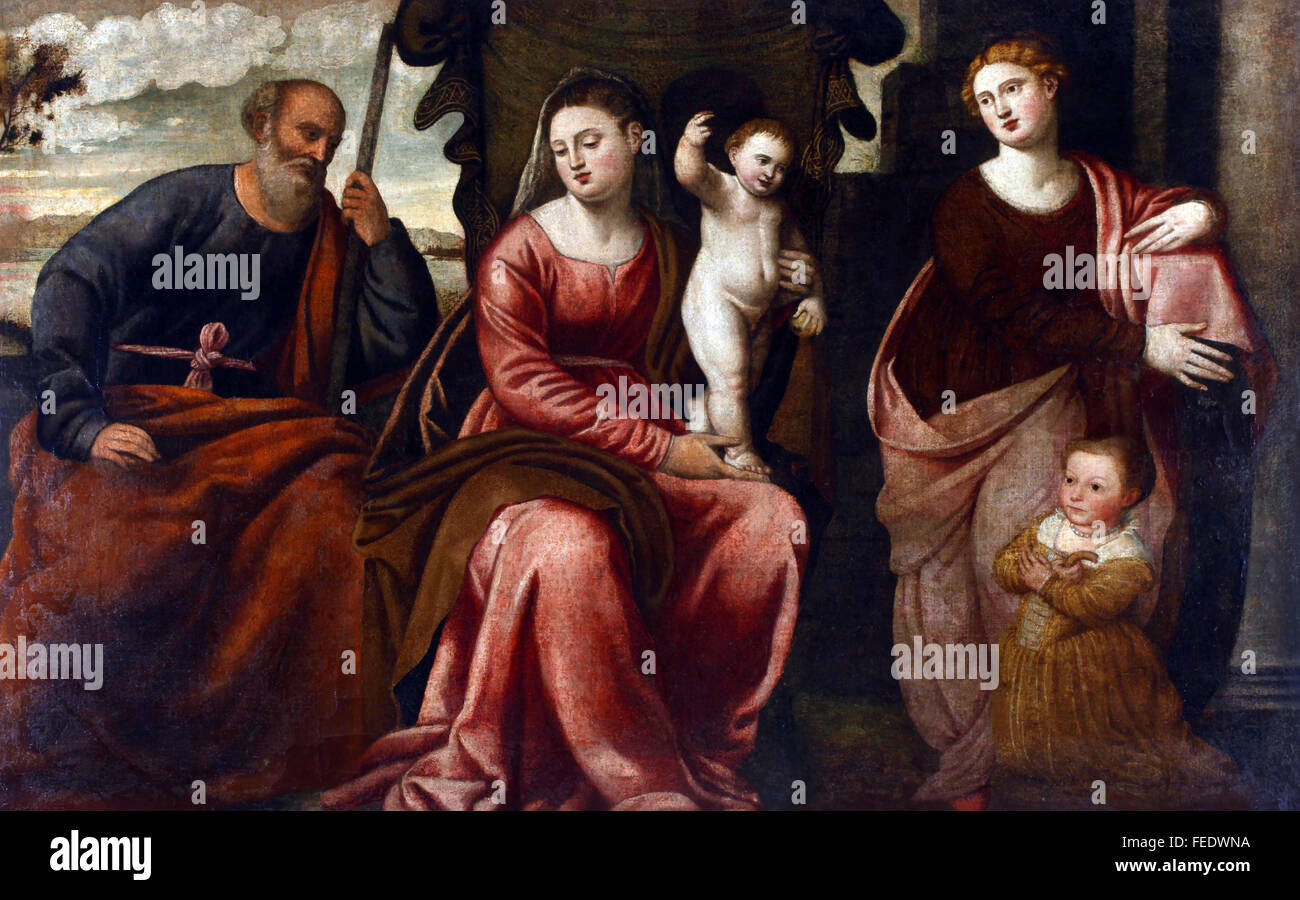 Bernardino Licinio: Holy Family with Saint Catherine of Alexandria and unknown girl Stock Photo