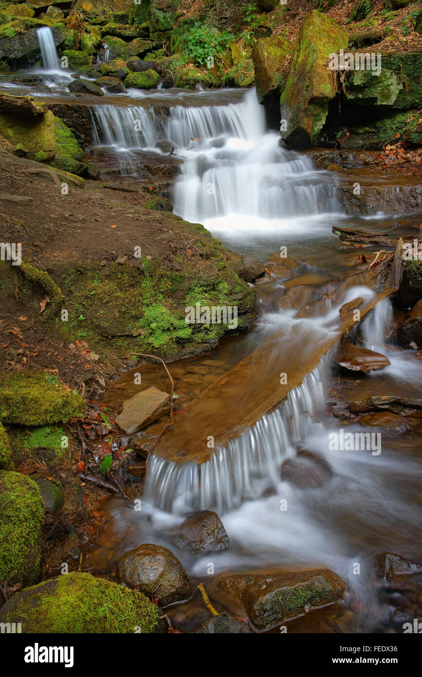 UK, Derbyshire, Peak District, Lumsdale, Bentley Brook Waterfalls Stock Photo