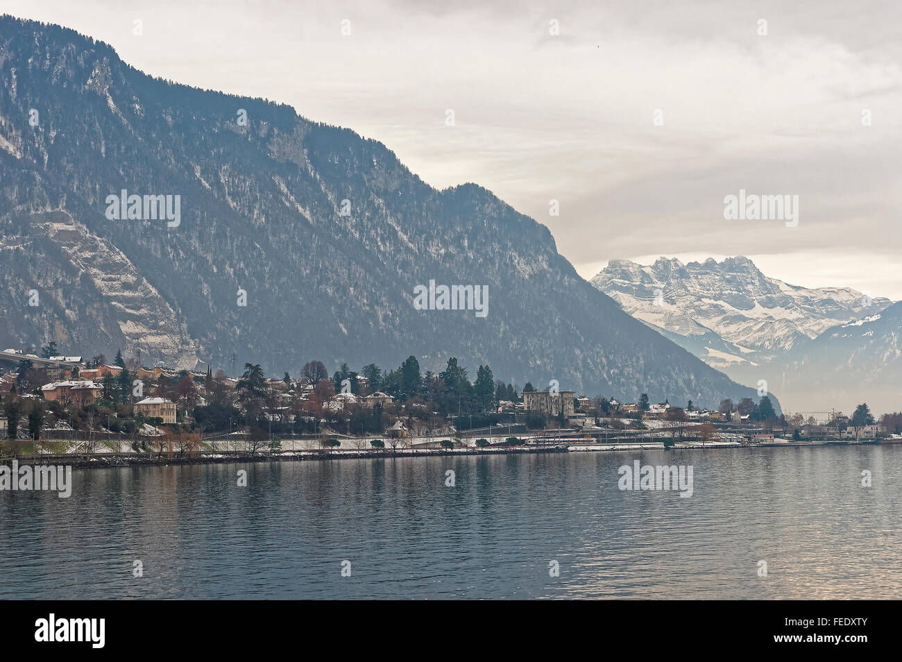 Panoramic View of Montreux and Lake Geneva in winter. Montreux is a city in the canton of Vaud in Switzerland. It is located on Stock Photo
