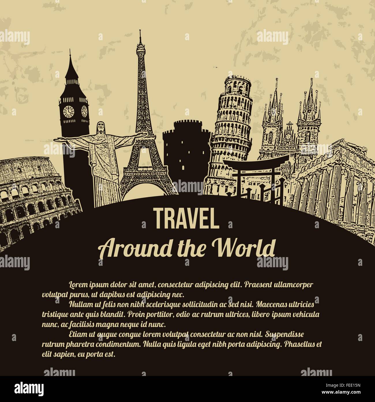 Travel around the World, vintage touristic poster on retro style background with space for your text, vector illustration Stock Vector