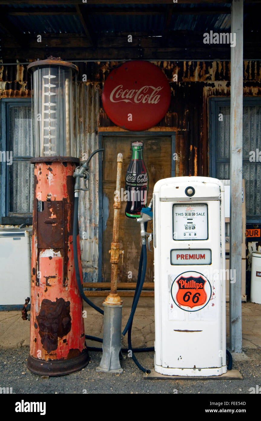 Vintage gas pump at petrol station of the General Store along the historic Route 66 in the Hackberry ghost town in Arizona, US Stock Photo