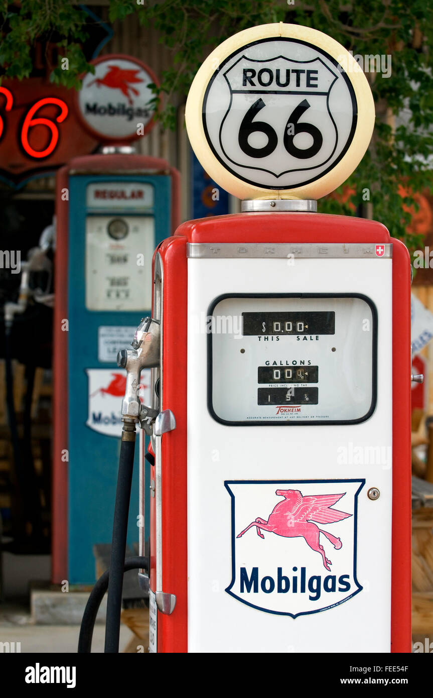 Vintage Mobilgas gas pumps at petrol station of the General Store along the historic Route 66 at Hackberry, Arizona, USA Stock Photo