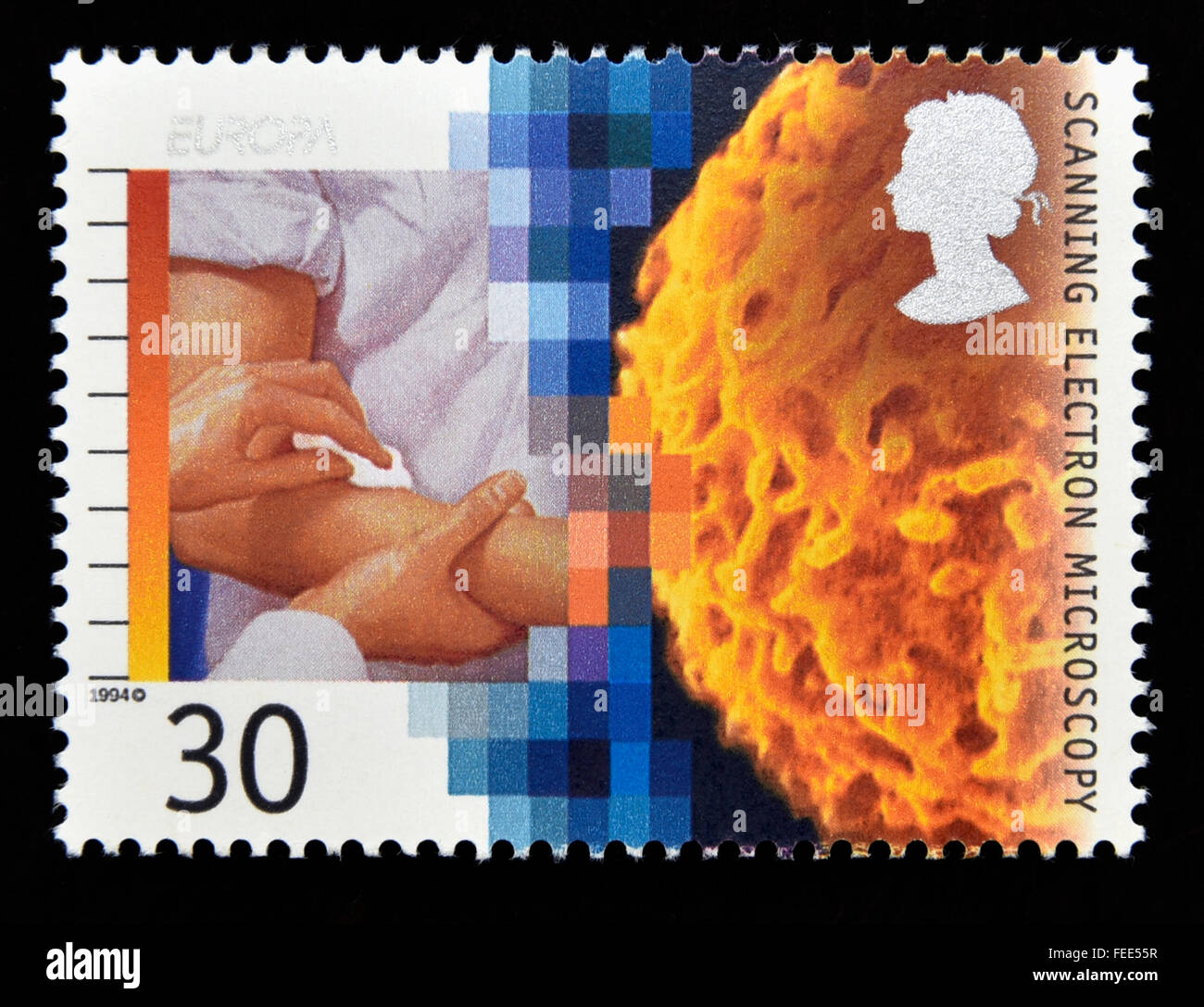 Postage stamp. Great Britain. Queen Elizabeth II. 1994. Europa. Medical Discoveries. Scanning Electron Microscopy. 30p. Stock Photo