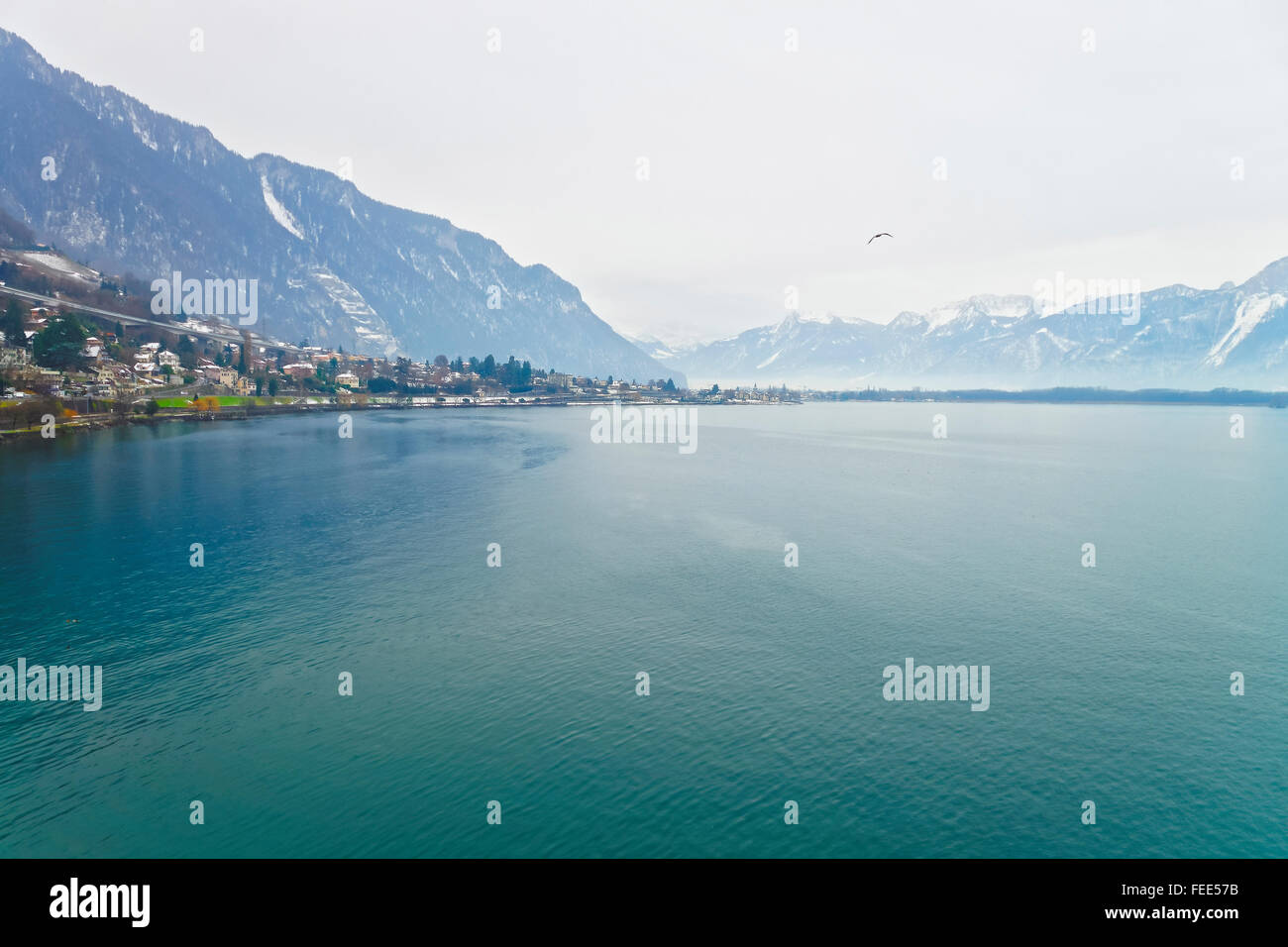 Panoramic View to Montreux and Lake Geneva in winter. Montreux is a city in the canton of Vaud in Switzerland. It is located on Stock Photo