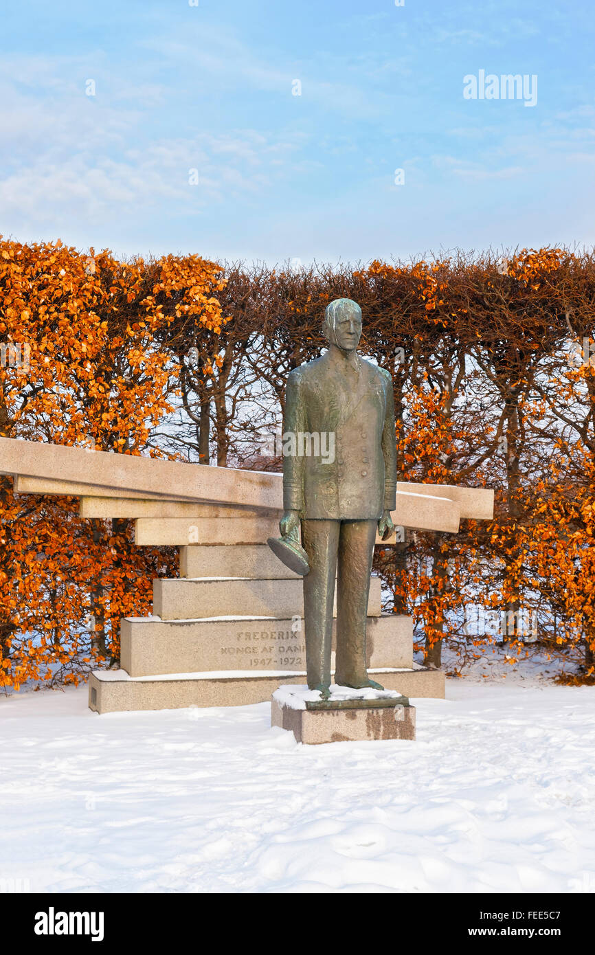 COPENHAGEN, DENMARK - JANUARY 5, 2011: Statue of King Frederick Ninth of Denmark in Copenhagen in winter. Christian Frederik Franz Michael Carl Valdemar Georg was King of Denmark from 1947 to 1972. Stock Photo