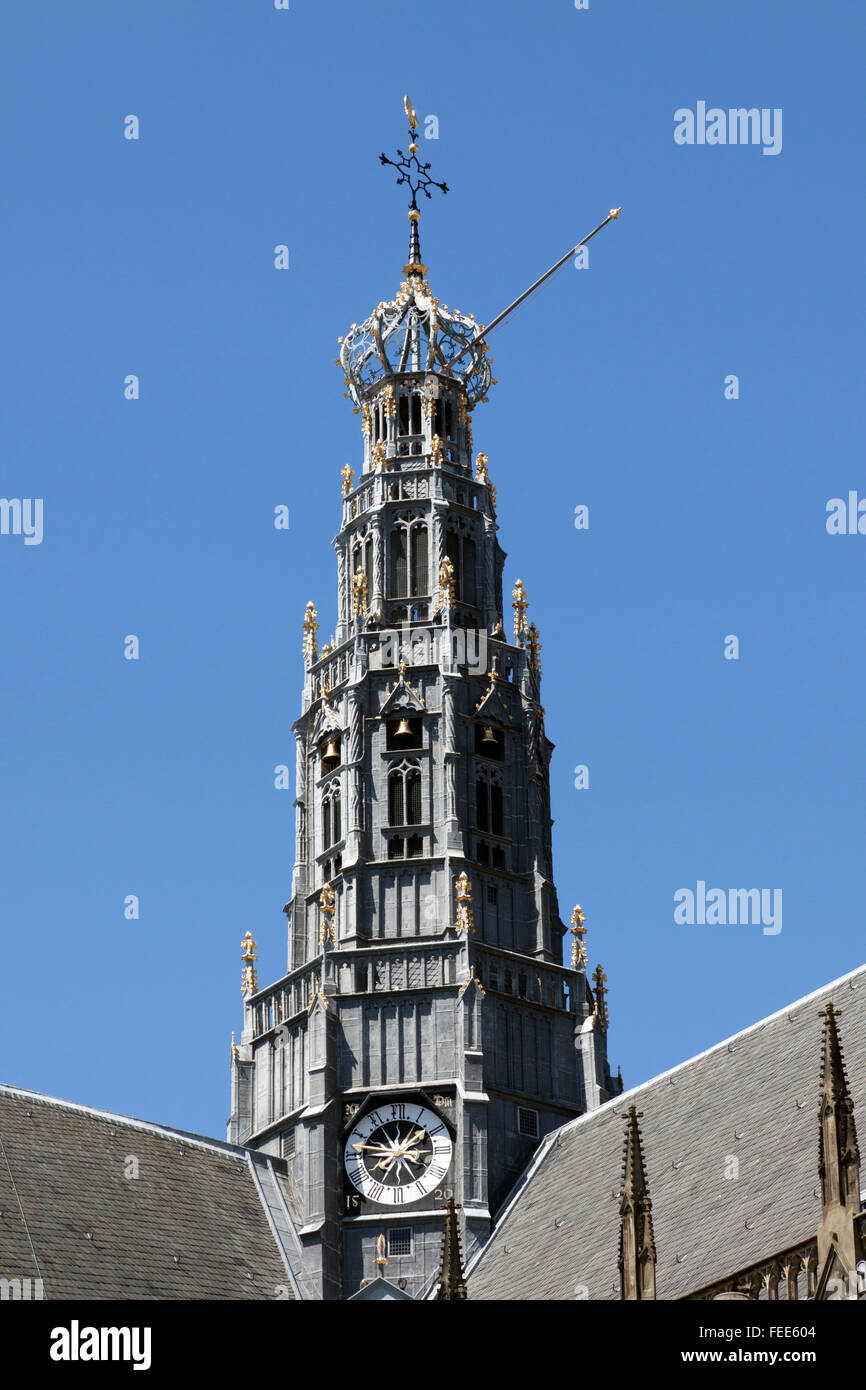 Steeple of the Grote Kerk - Great Church - in Haarlem's central square - the Grote Markt Stock Photo