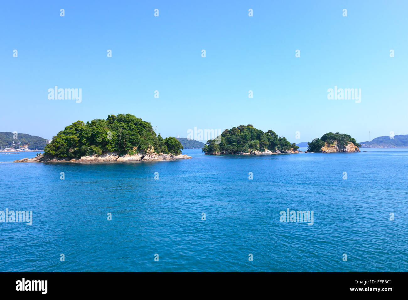 Small island group on sea and blue sky. Toba bay, Japan. Asia. Stock Photo