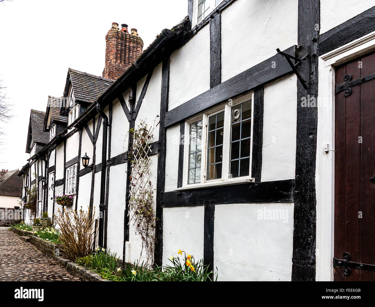 Rural timber framed cottages in Great Budworth, Cheshire, England, UK Stock Photo