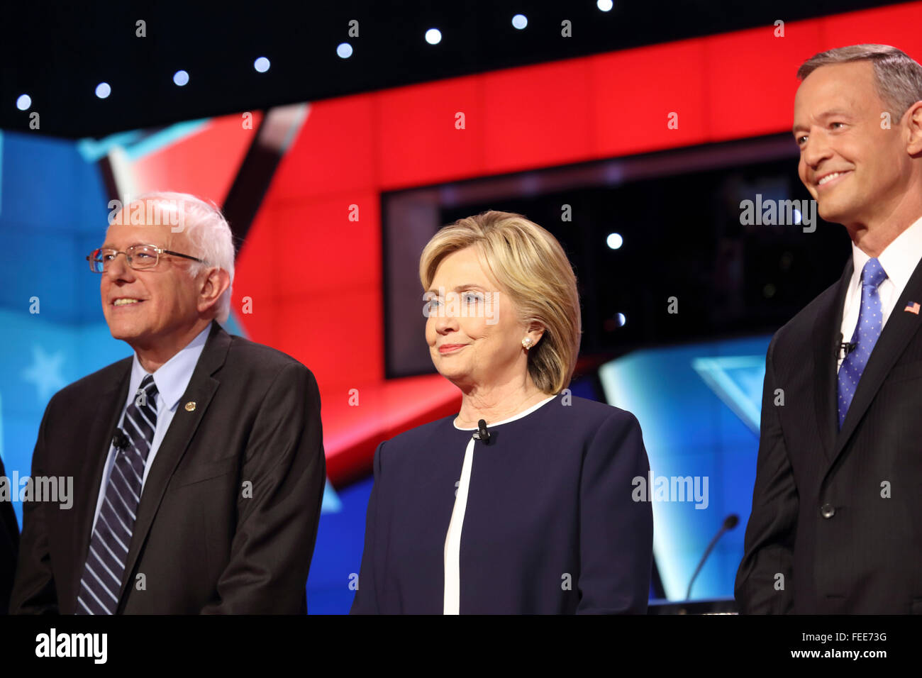 LAS VEGAS, NV - OCTOBER 13 2015: (L-R) Democratic presidential debate features candidates  Bernie Sanders, Hillary Clinton and Martin O'Malley at Wynn Las Vegas. Stock Photo