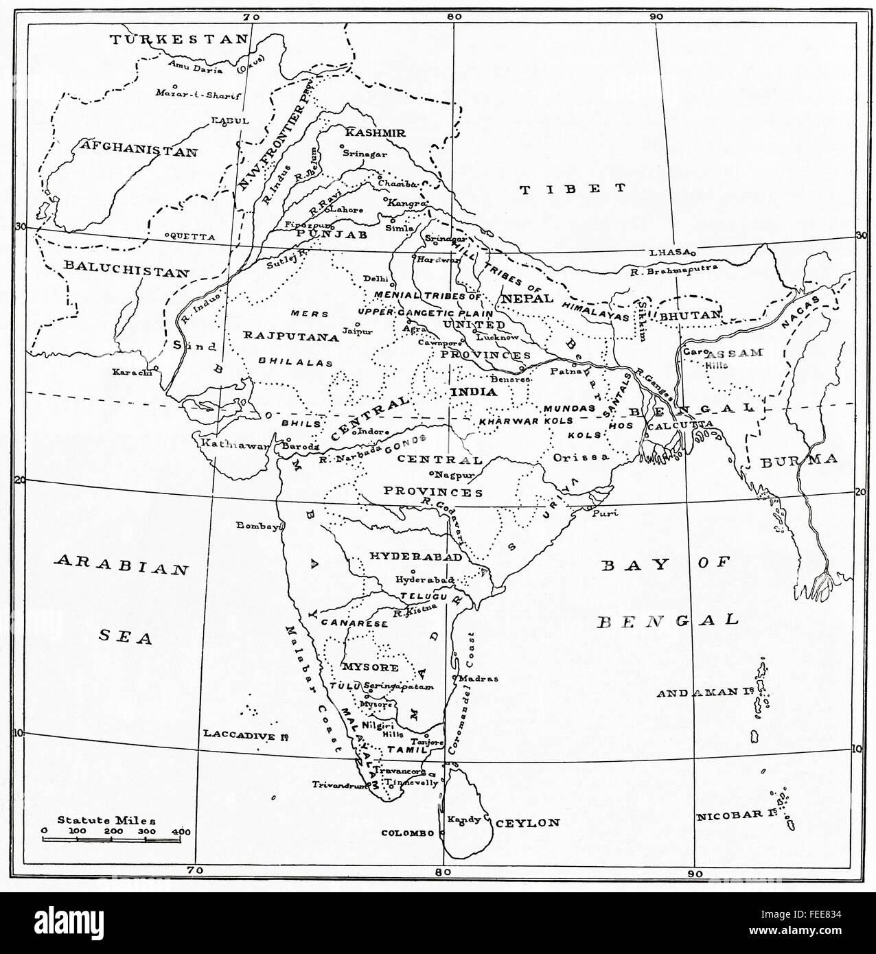 A map of India at the beginning of the 20th century. Stock Photo