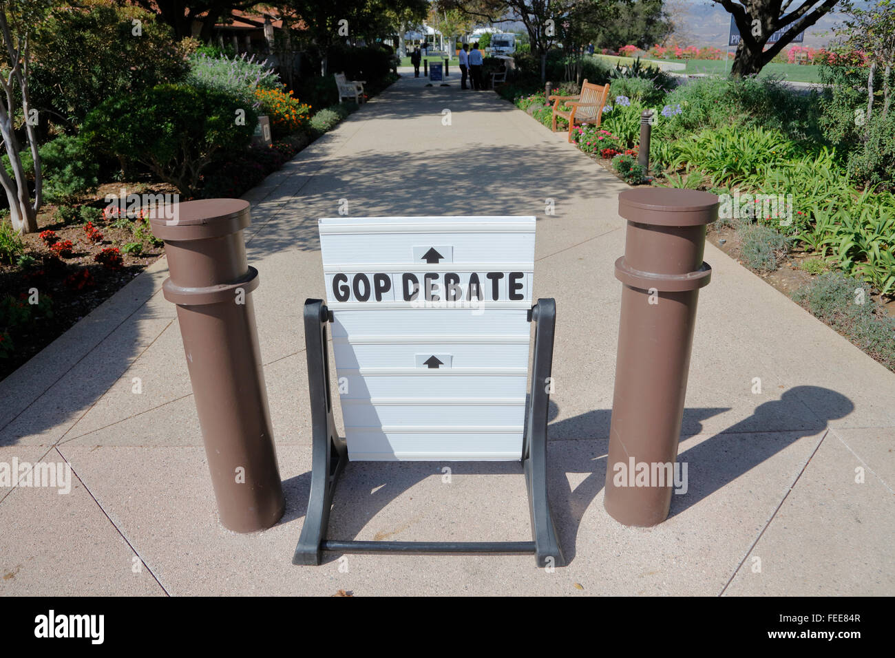 REAGAN PRESIDENTIAL LIBRARY, SIMI VALLEY, LA, CA - SEPTEMBER 16, 2015, sign directs to GOP Republican Presidential Debate Stock Photo
