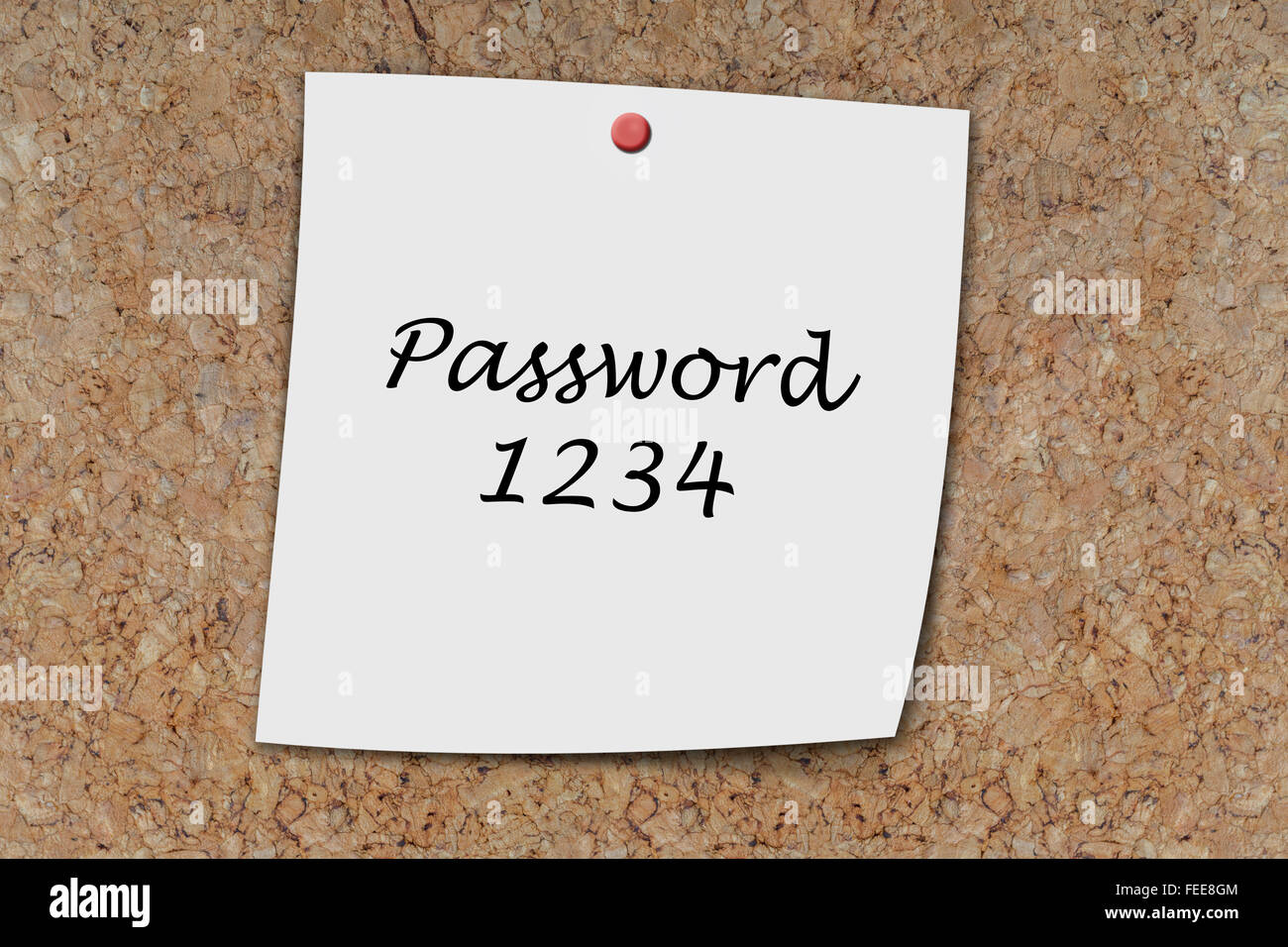 Password 1234 written on a memo pinned on a cork board Stock Photo