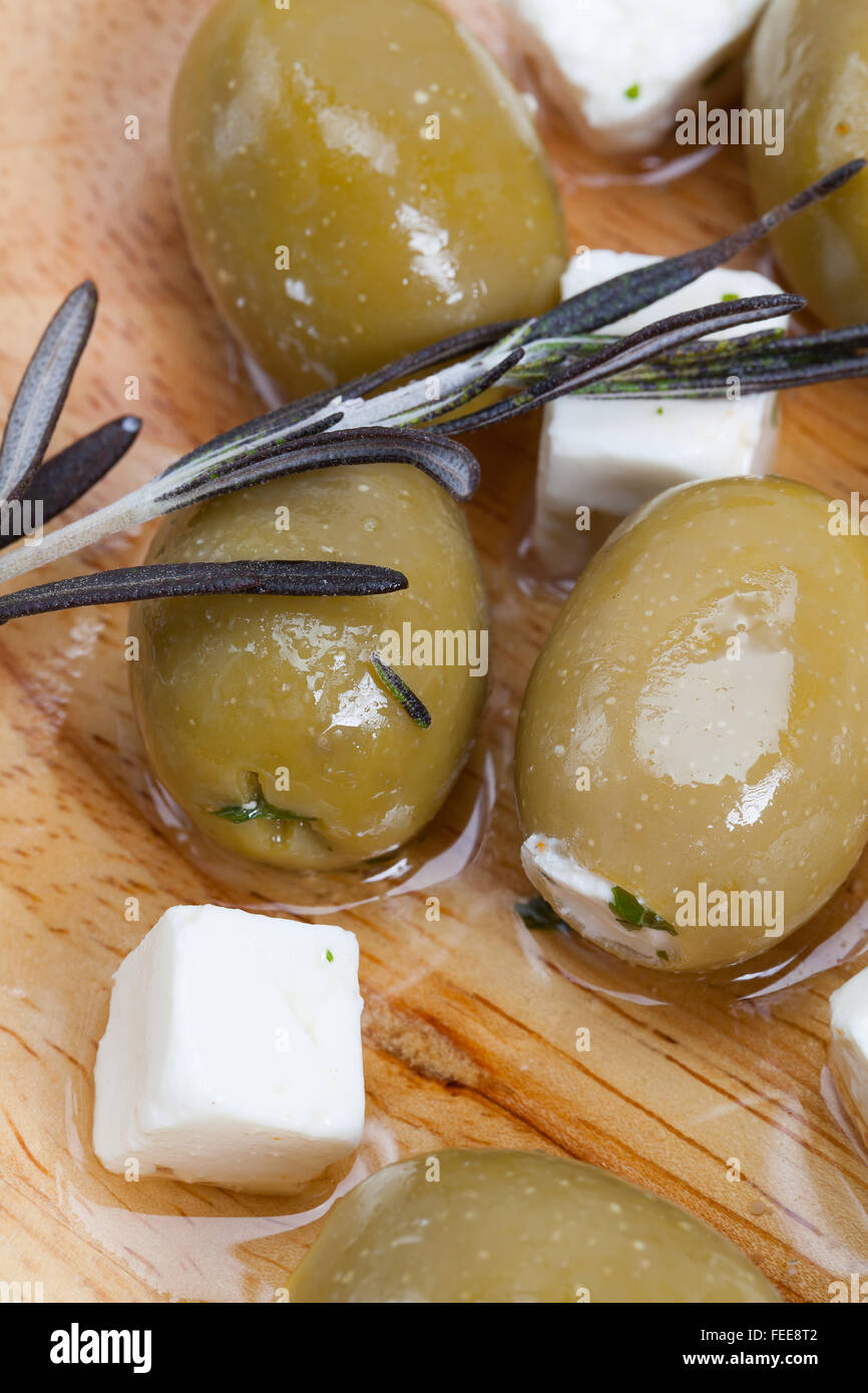 Green olive stuffed with feta cheese. Stock Photo