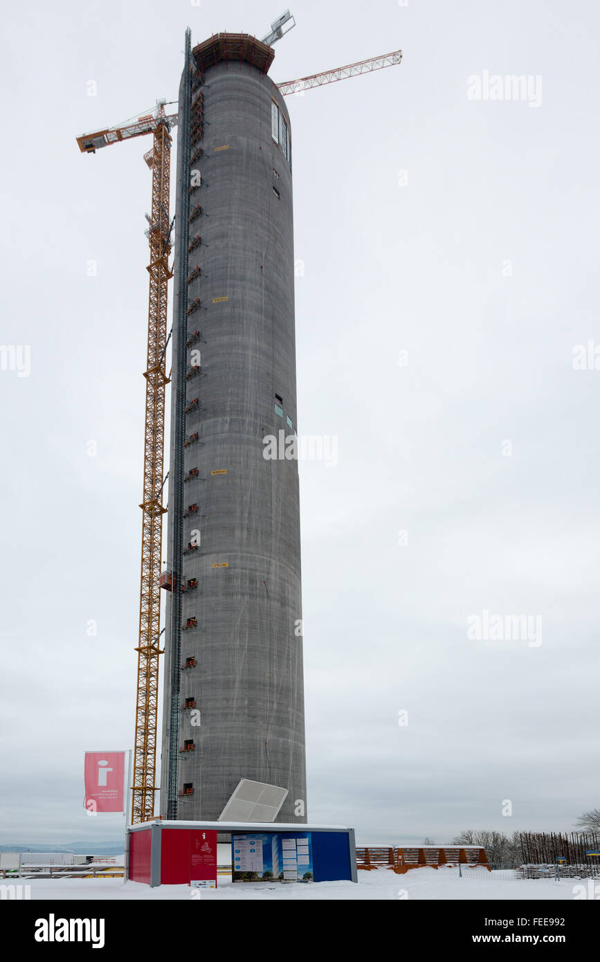 Rottweil, Germany - January 19, 2016: Construction site of the new Thyssen Krupp Elevator Test Tower with information center in Stock Photo