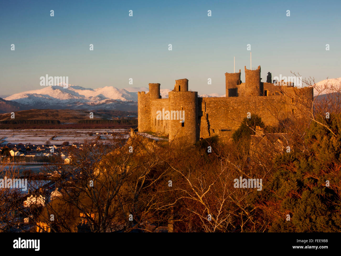 Harlech Castle in snow Gwynedd North Wales UK Stock Photo