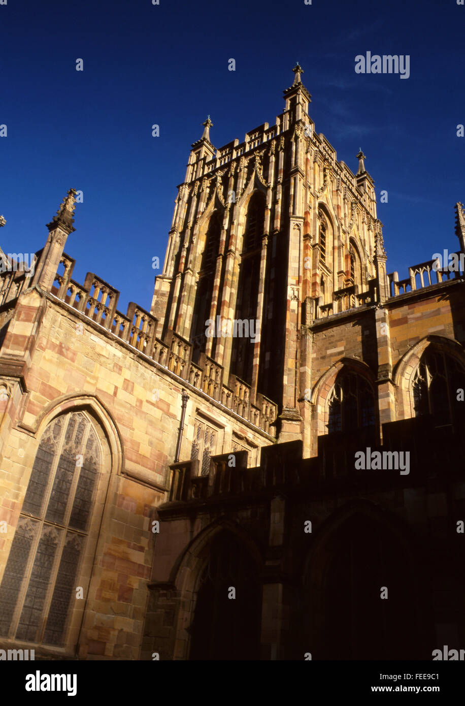 Great Malvern Priory Church central tower English Perpendicular Gothic ctyle architecture Worcestershire Midlands England UK Stock Photo