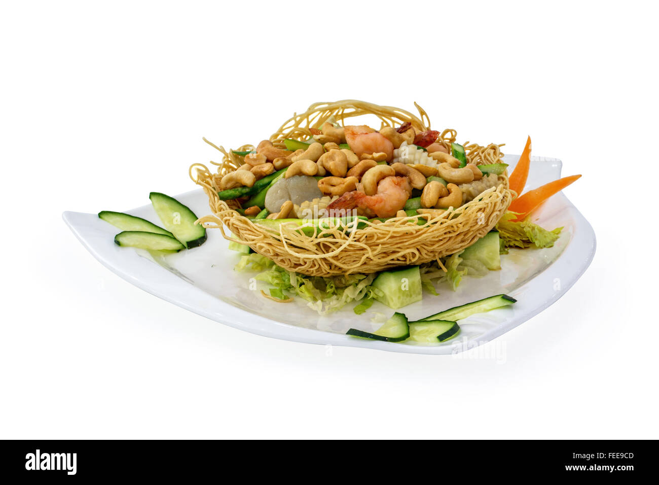 chicken in bird nest, traditional  chinese dish on white background Stock Photo