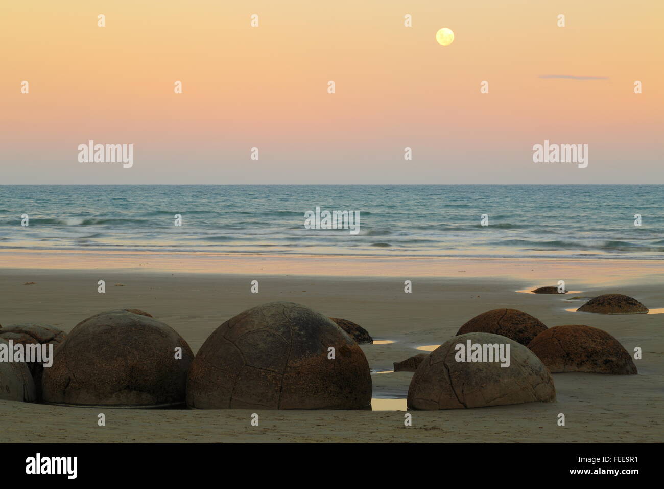 The concretions known as the Moeraki Boulders, exposed at low tide on