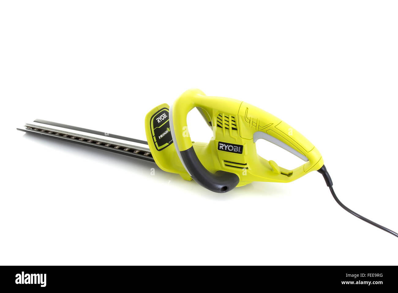 RYOBI Electric Hedge Trimmer on a White Background Stock Photo