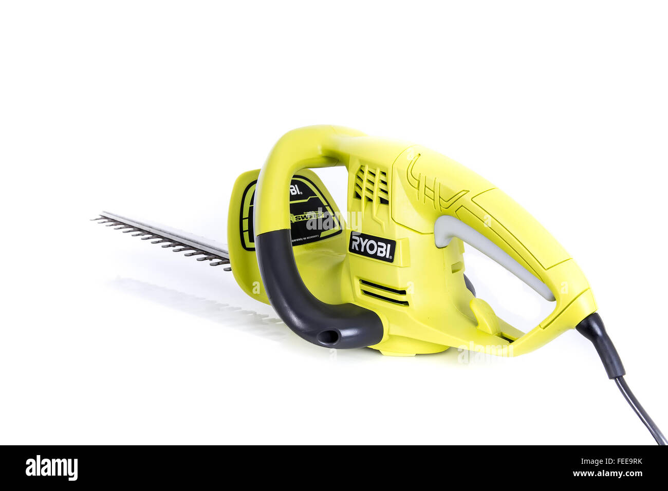 RYOBI Electric Hedge Trimmer on a White Background Stock Photo