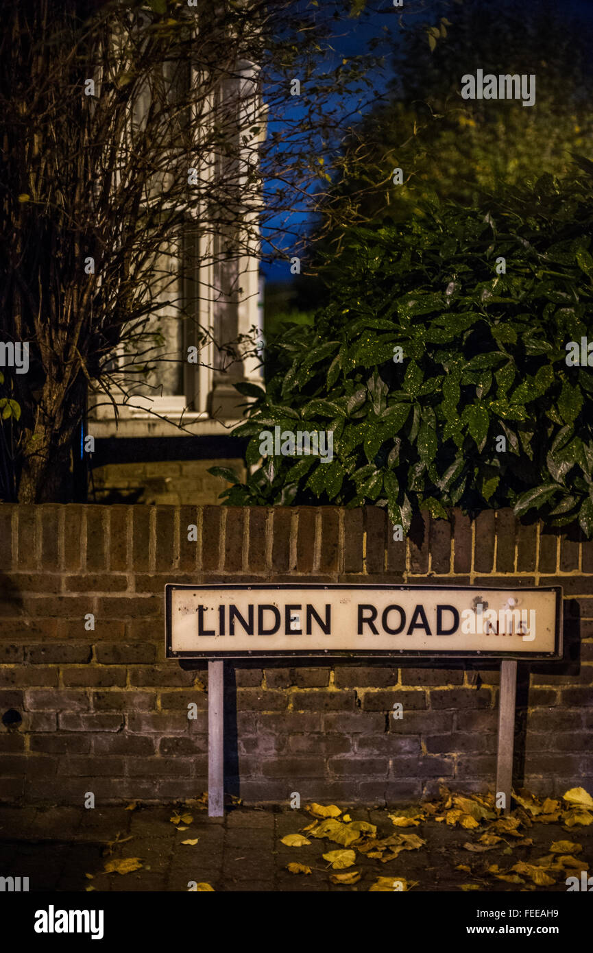 Linden Road sign in autumn night, Tottenham, London Stock Photo