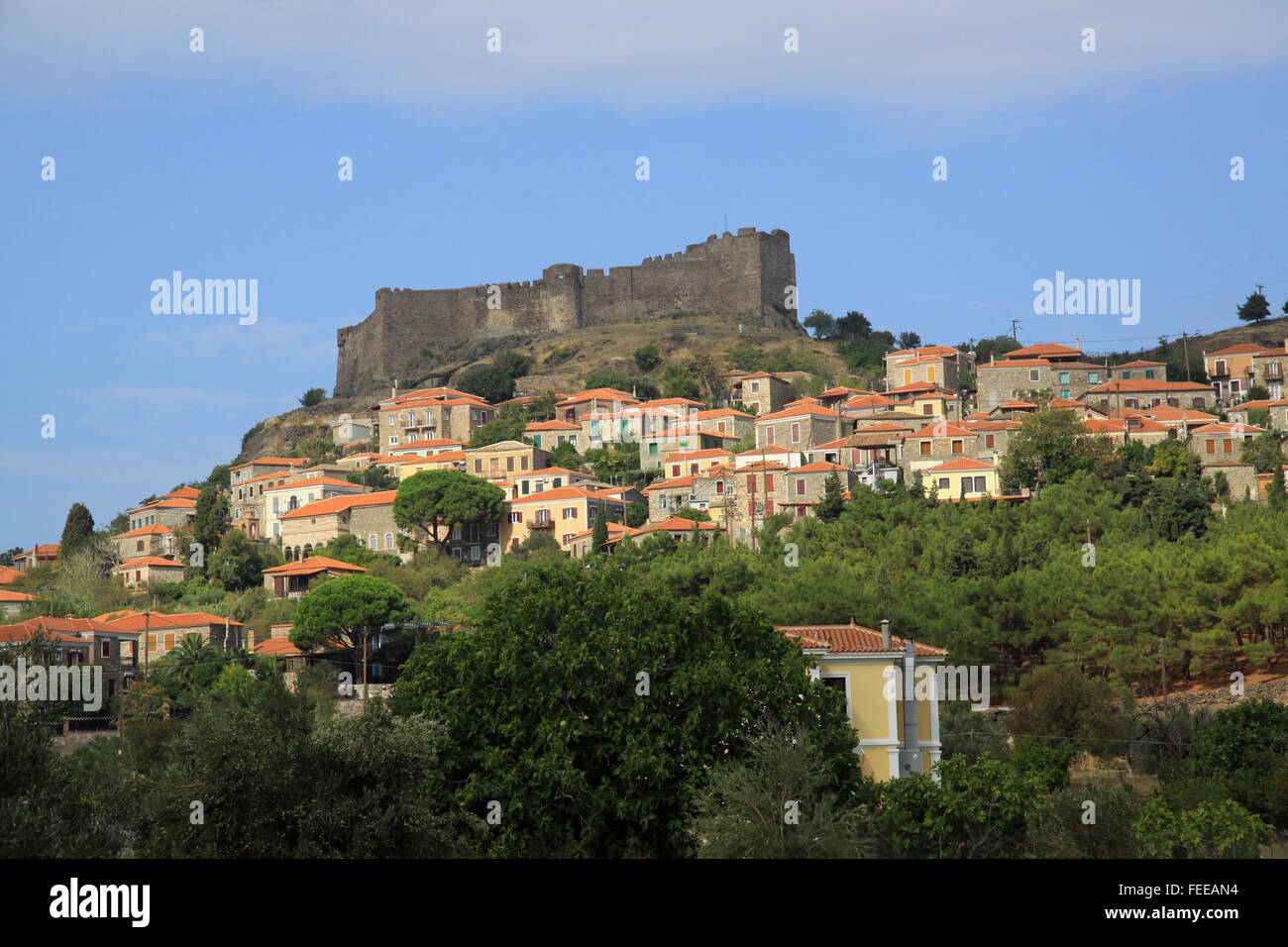 The medieval Greek castle of Mithymna on the hillside above the North Aegean sea resort town of Molyvos on the island of Lesbos Greece Stock Photo
