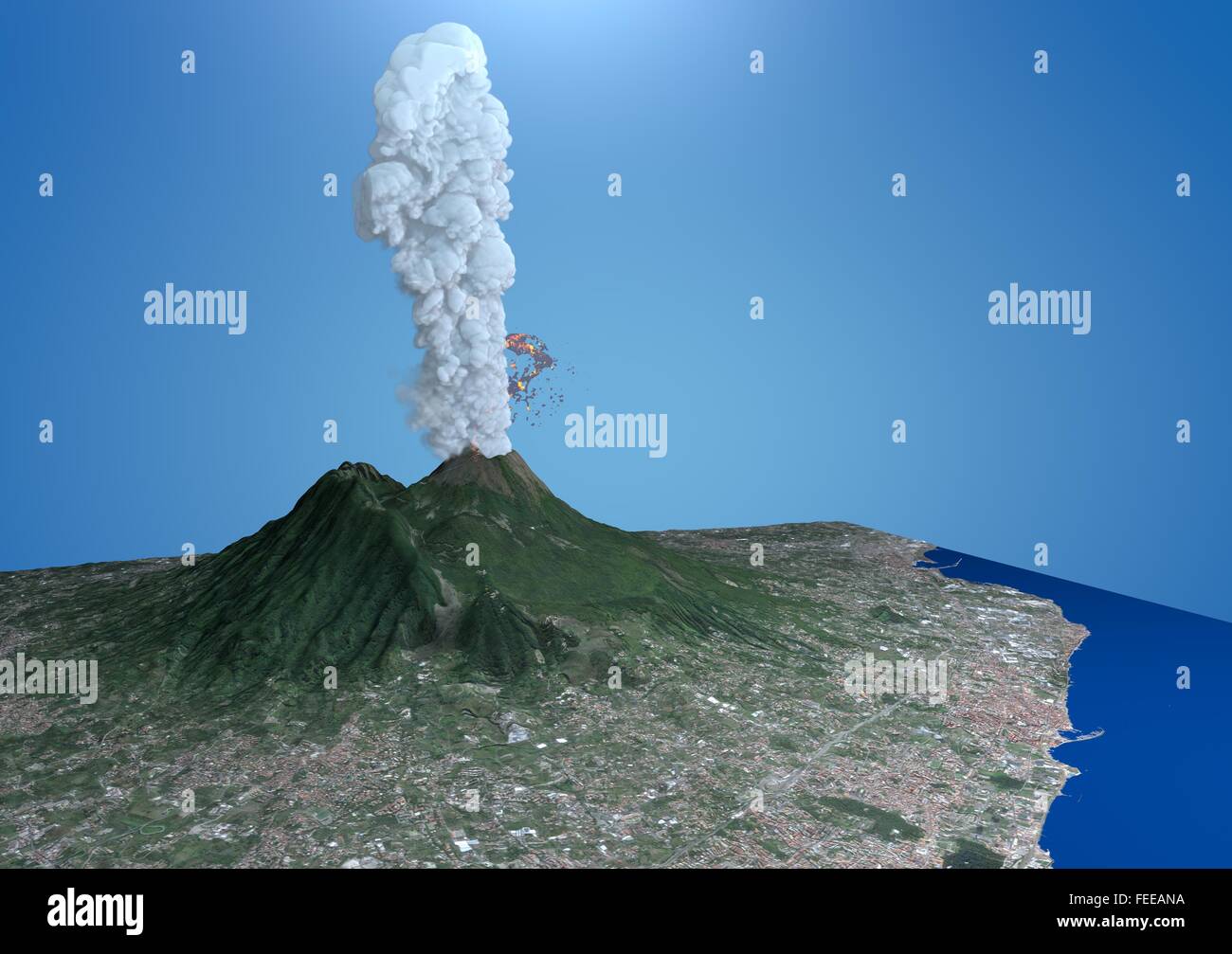 Satellite view of the volcano Vesuvius, eruption, 3d, Italy Campania Stock Photo