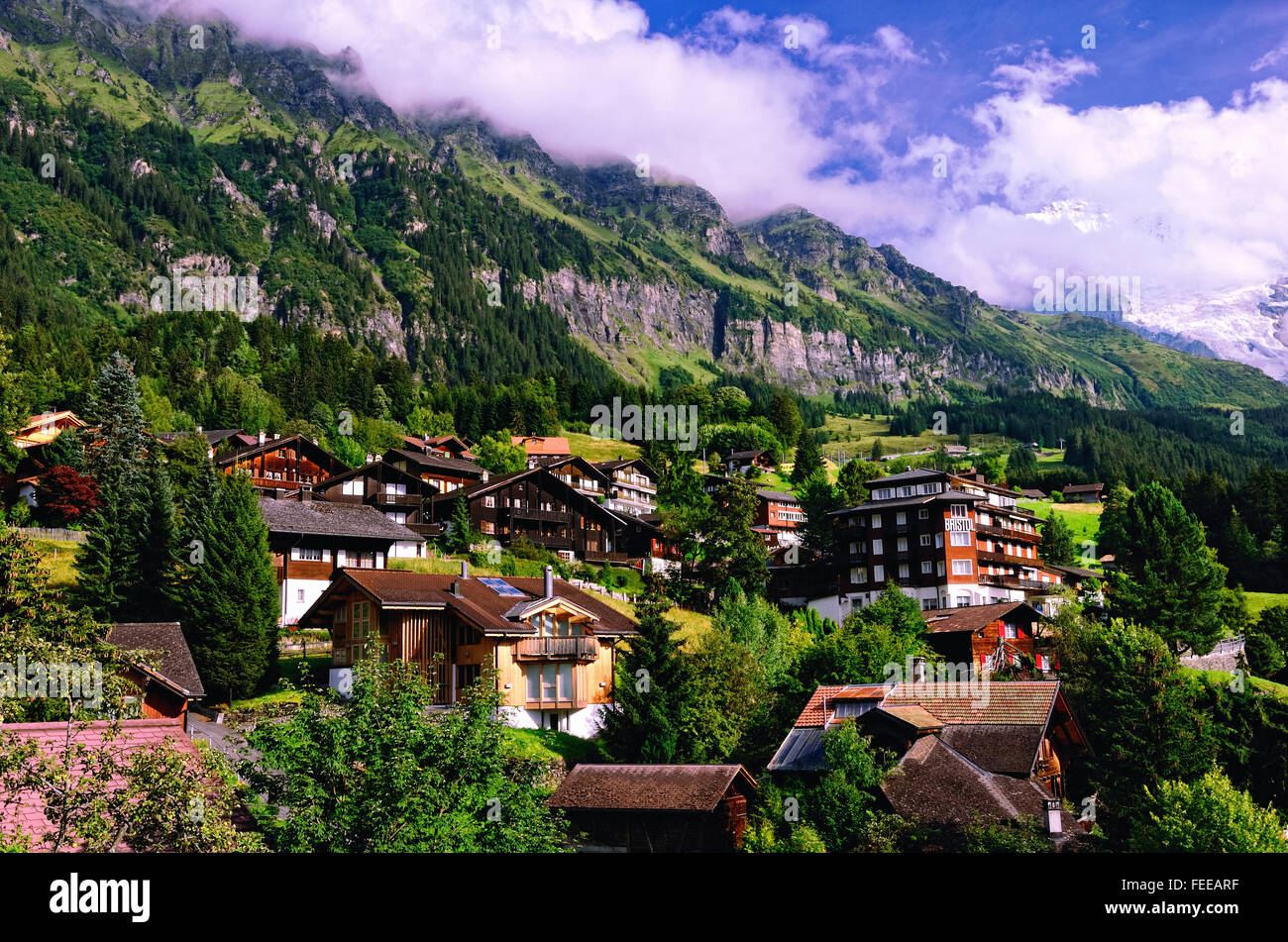 Resort Village of Wengen on the Slopes of Lauterbrunnen Valley in