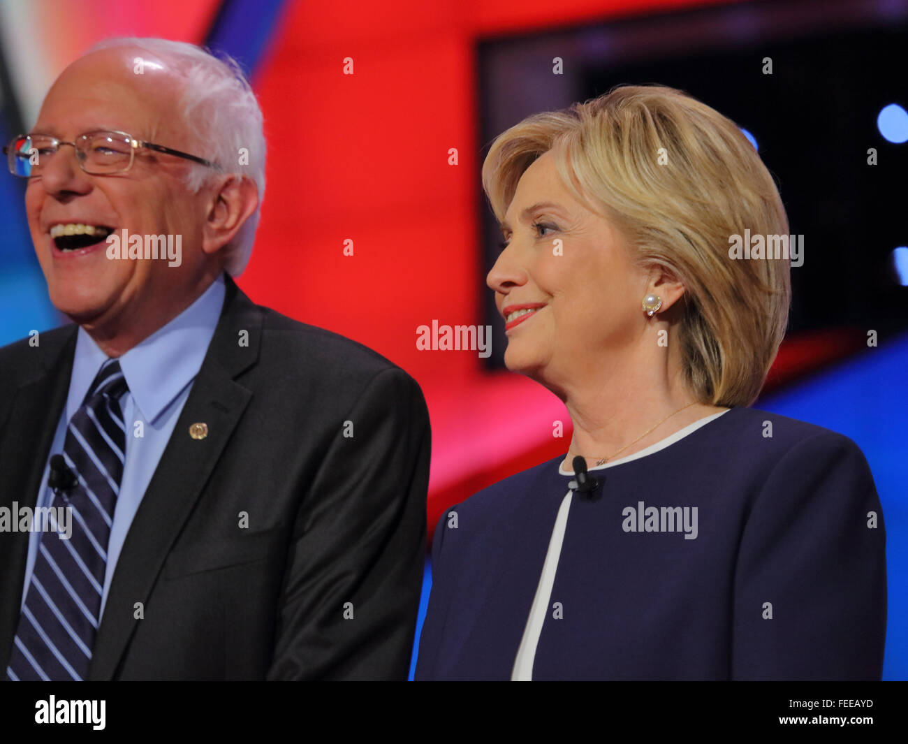 LAS VEGAS, NV - OCTOBER 13 2015: CNN Democratic presidential debate features candidates Sen. Bernie Sanders, Hillary Clinton laughing at Wynn Las Vegas. Stock Photo