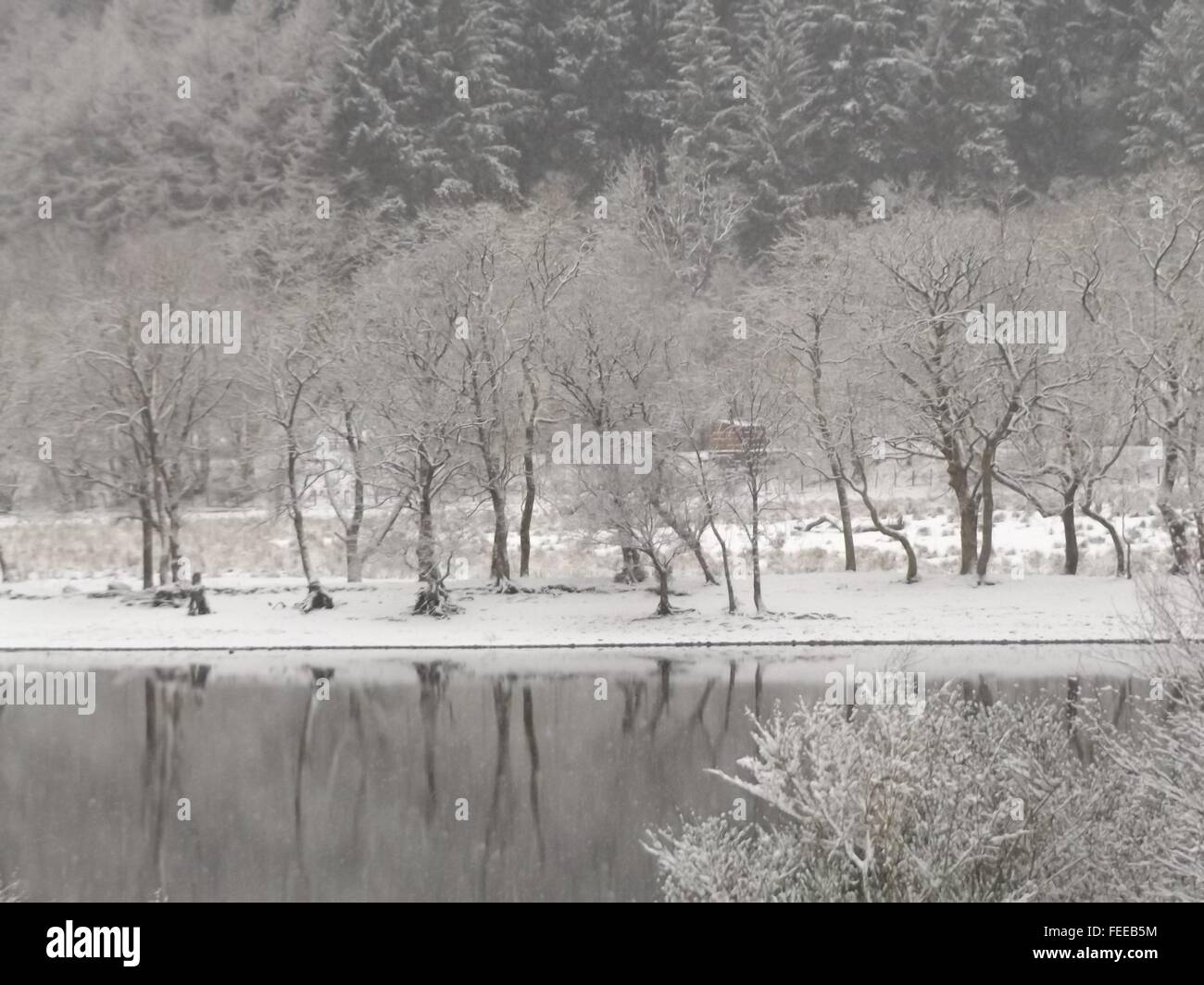 Loch Tulla, Scotland on a snowy day in January 2016 Stock Photo