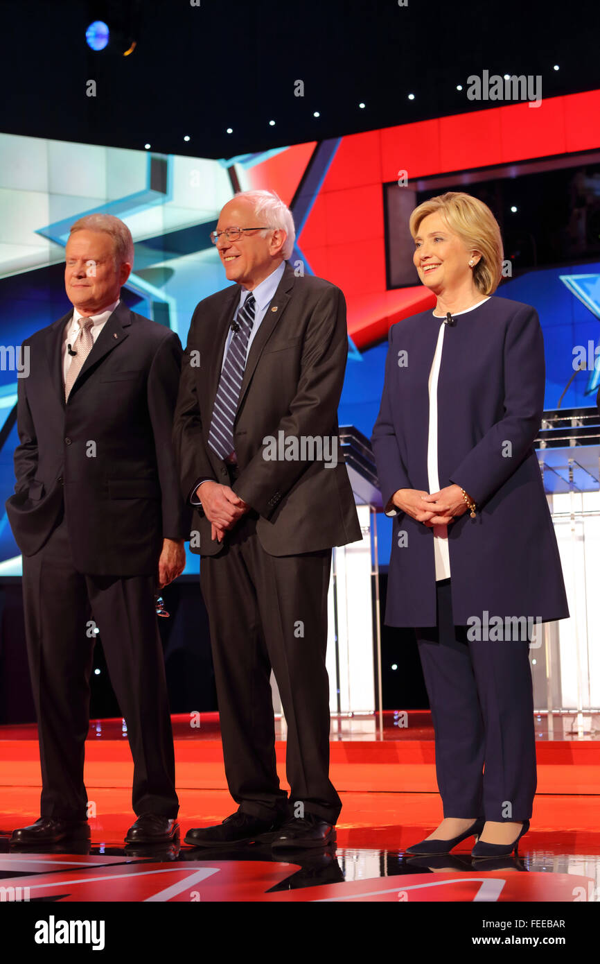 LAS VEGAS, NV - OCTOBER 13 2015: (L-R) Democratic presidential debate features candidates Jim Webb, Sen. Bernie Sanders, Hillary Clinton at Wynn Las Vegas. Stock Photo