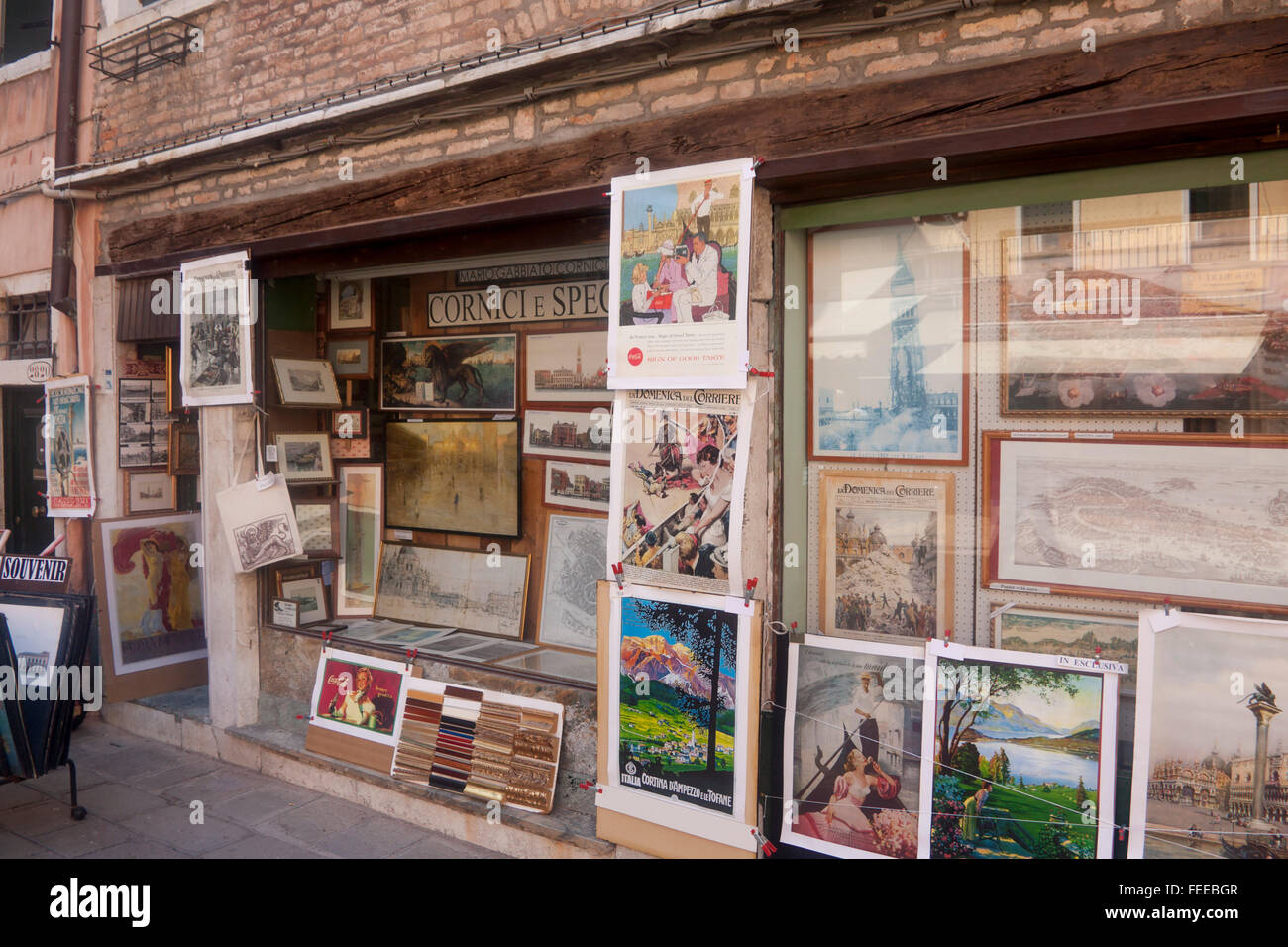 Souvenir shop in Venice with vintage prints and posters outside Venice Veneto Italy Stock Photo