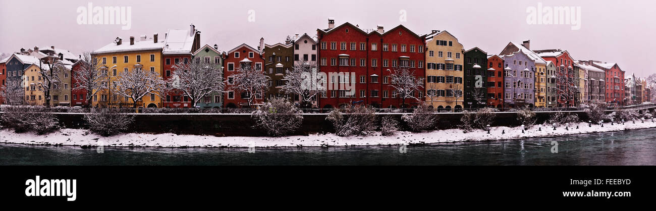 Buildings along the Inn river, snowfall, winter, Innsbruck, Tyrol, Austria Stock Photo